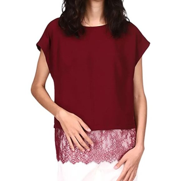 MICHAEL Michael Kors Lace Combo Short Sleeve Top - Dark Ruby - Size Large - Picture 1 of 3